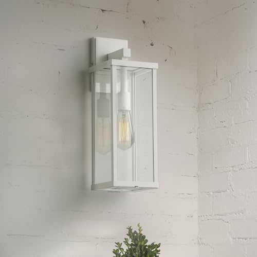 18" Classic Outdoor Wall Sconce 1 Light in Matte White Rectangular Metal Frame and Clear Glass Shade Waterproof Porch Light Patio Light Pack of 2 (2 Count)