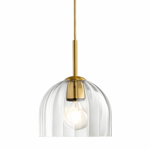 Clear Ribbed Glass Pendant Light Kitchen Island 7.8Inch Brass Hanging Lamp