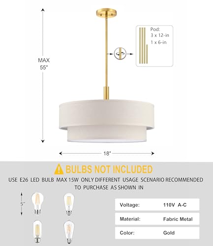 4 Light 18 Inch Cream Fabric Shade Hanging Pendant Ceiling Light Fixture
