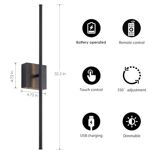 32.2 Inch Wall Sconces Battery Operated for Living Room Black (2 Count)