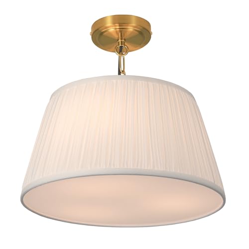 15”Dia White Pleated Fabric Drum Shade Ceiling Light Fixture