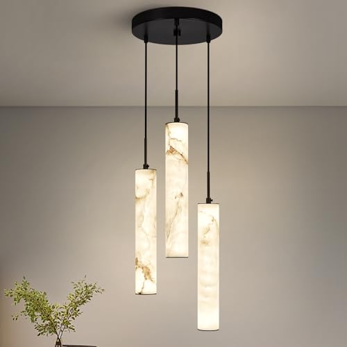 Natural Alabaster Pendant Lights for Kitchen Island White Marble Long Tube Chandelier 4000K Modern Black Ceiling Light Fixtures for Bedroom Dining Room Living Room Hallway