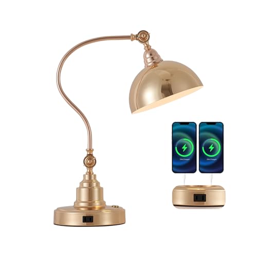 Dimmable Touch Control French Gold Swing Arm Desk Lamp with Charging Port