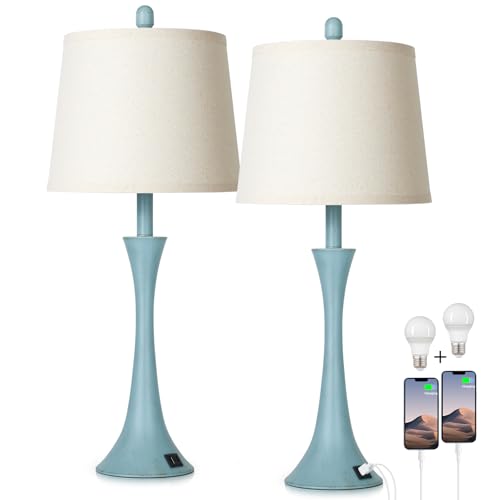 Blue Metal Table Lamp Set of 2 with USB C+A Ports (2 Count)