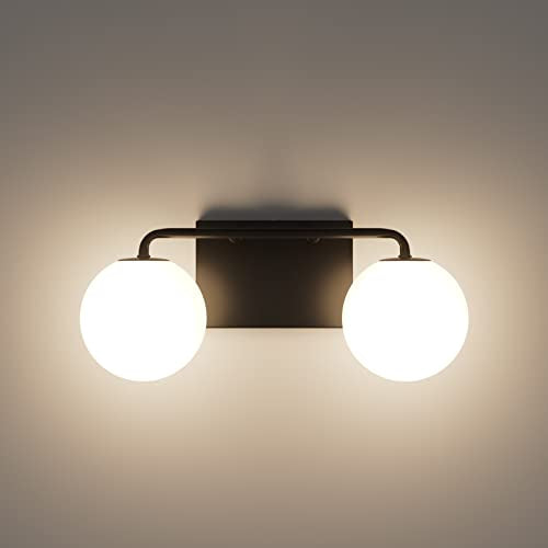 2 Lights Mid Century Vintage Bathroom Vanity Light Fixtures Over Mirror Black Industrial Vanity Lights with Milk White Glass Globe Farmhouse Bath Lighting