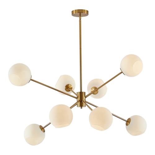 8 Lights Gold Globe Sputnik Chandelier Vintage Milk Glass Chandelier Light Fixture Large Modern Sputnik Pendant Lights Kitchen Island Mid Century Brushed Brass Bedroom Ball Hanging