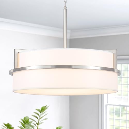 19.7" Drum Chandeliers Brushed Nickel Chandelier with Round Linen Shade