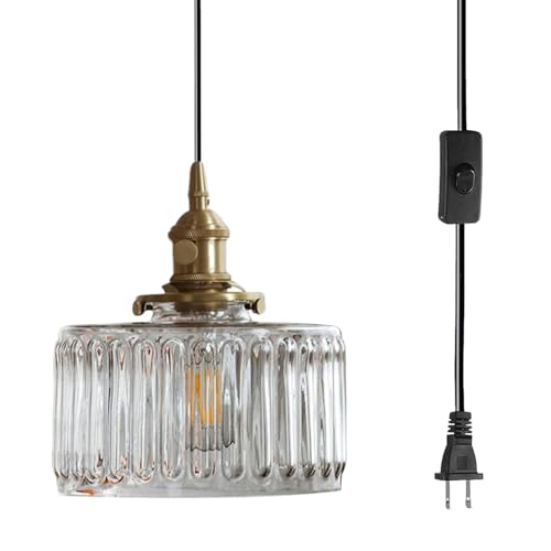 Plug in Pendant Light Clear Glass Striped Pendant Light Fixtures Vintage Glass Hanging Lighting 1