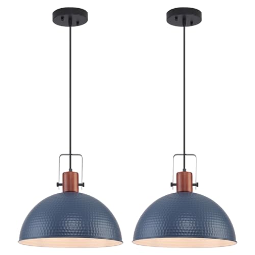 16 Inch Blue Pendant Lights Hammered Matte Pendant Lights for Kitchen Island Industrial Farmhouse Adjustable Height Dome Hanging Light Fixtures for Barn (2 Count)