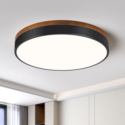 Modern Walnut Wood Black Flush Mount Ceiling Light 15.74 Inch