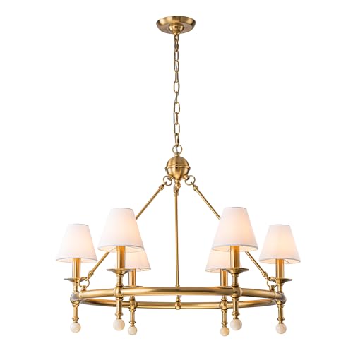 6 Light W34 Inch Warm Brass Statement Chandelier with White Pleated Fabric Shades and Alabaster Finials Large Round Designer Lighting for Dining Room Living Room
