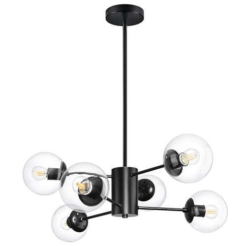 6 Light Globe Sputnik Chandelier Modern Black Sputnik Chandelier Mid Century Pendant Light Matte Black Finished with Clear Globe Glass Lampshade Chandeliers for Dining Room Kitchen