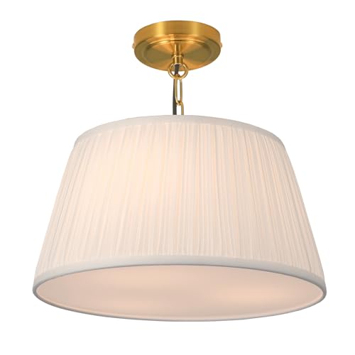 15”Dia White Pleated Fabric Drum Shade Ceiling Light Fixture