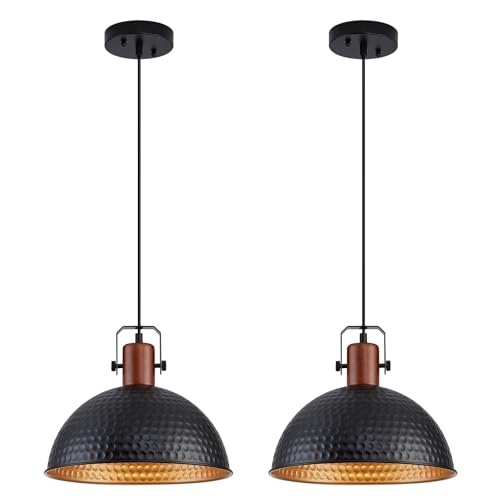 12 Inch Black Pendant Lights Hammered Matte Pendant Lights for Kitchen Island Industrial Farmhouse Adjustable Height Dome Hanging Light Fixtures for Barn (2 Count)