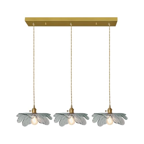 3 Light Mid Century Chandelier Dark Green Leaf Glass for Kitchen