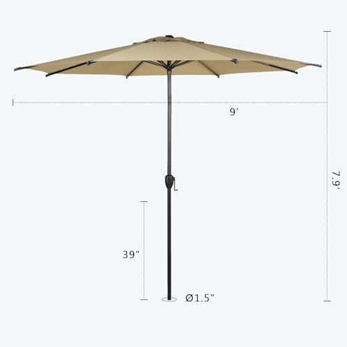 9FT Lyon Outdoor Patio Umbrella Outdoor Table Umbrella with Push Button Tilt and Crank Market Umbrella 8 Sturdy Ribs UV Protection Waterproof for Garden Deck Backyard Pool Tan