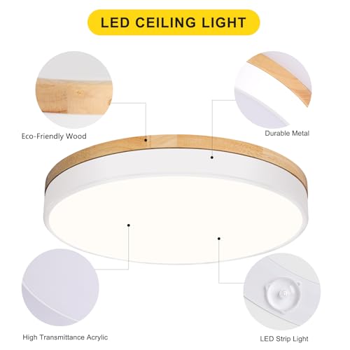 Modern Wood White Flush Mount Ceiling Light 15.75 Inch