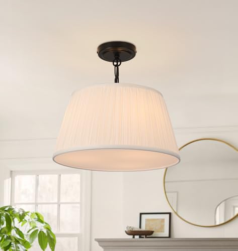 15”Dia White Pleated Drum Shade Semi Flush Mount Ceiling Light