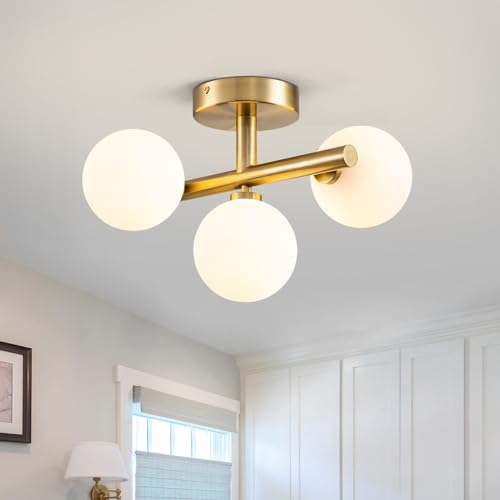 3 Light Semi Flush Mount Ceiling Light Frosted Globe (3 Count)
