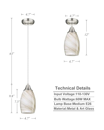 Mini Pendant Lights Kitchen Island Beige Marble Glass Lamp Shade Hand Blown Glass Pendant Light with Brush Nickel Finish Adjustable Cord for Kitchen Over Sink Hallway