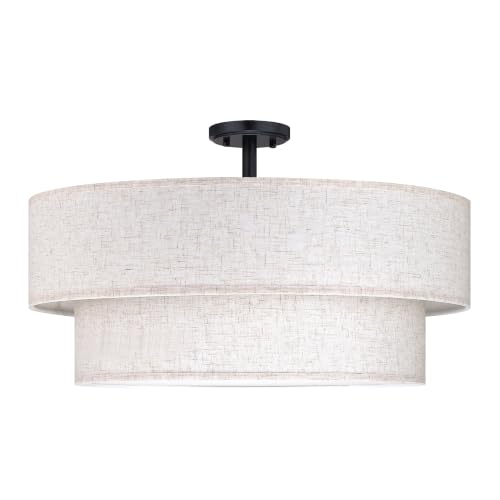2 Tier 24" Cream Drum Fabric 5 Light Black Semi Flush Mount Ceiling Light for Living Room Dining Room Bedroom Hallway