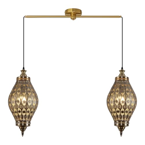 2 Light Linear Pendant Retro Metal Hanging Chandelier Brushed Brass