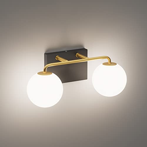 2 Lights Mid Century Vintage Bathroom Vanity Light Fixtures Over Mirror Black Gold Industrial Vanity Lights with Milk White Glass Globe Farmhouse Bath Lighting