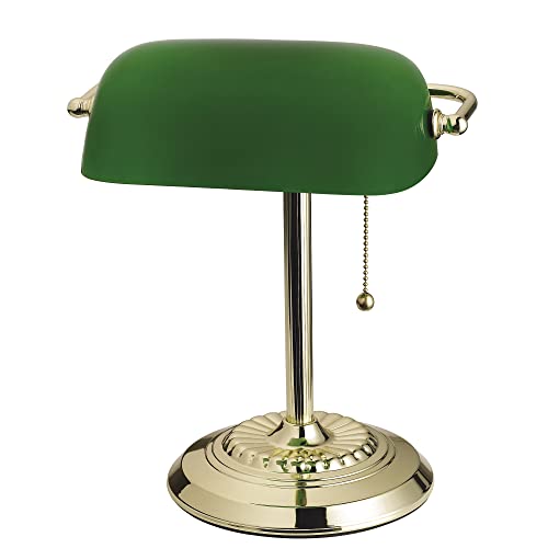13.5'' Traditional Banker's Lamp Light Fixture with Green Glass Cylinder Shade for Office