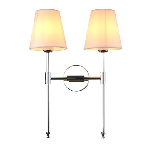 Classic Double Sconce Chrome 2 Lights Wall Sconce Rustic Wall Mount Lighting Fixture with Flared White Textile Lamp Shade