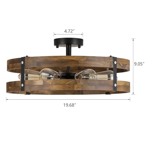 6 Light Large Rustic Farmhouse Wood Flush Mount Ceiling Light Fixture 20 inch Oak Wood and Metal Round Drum Semi Flush Mount Ceiling Light for Hallway Entry Farmhouse Bedroom Living Room