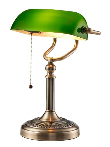 Green Glass Bankers Desk Lamp with Pull Chain Switch Plug in Fixture