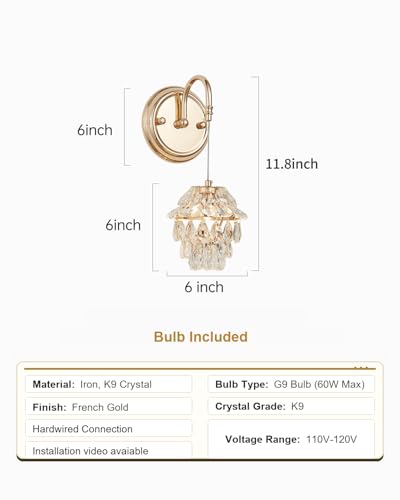 Small Indoor Hardwired Pinecone Crystal Brass Gold Wall Sconce Light
