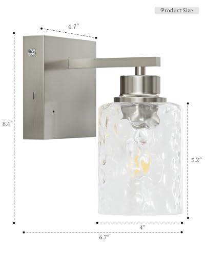 Hammered Glass Wireless Battery Operated Wall Sconces Set of Two Nickel