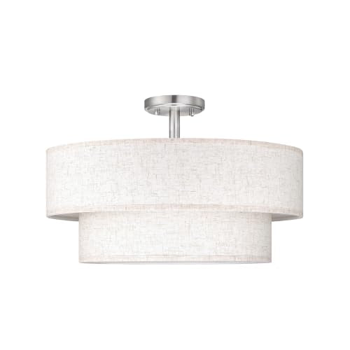2 Tier 20" Cream Drum Fabric 4 Light Brushed Nickel Semi Flush Mount Ceiling Light for Living Room Dining Room Bedroom Hallway