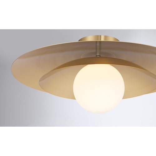 6-5564-1-322 Sherrer Mid-Century Modern White Opal Glass Semi-Flush, 1-Light 60 Watt, 9" H x 20" W, Warm Brass