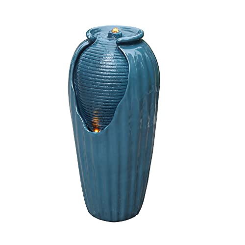 32 in. Outdoor Contemporary Glazed Contoured Vase Water Fountain with LED Lights to Create a Calming Oasis in Gardens and Landscaping