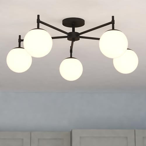 Armitage 32 in W Matte Black Semi Flush Mount Ceiling Light Fixture White Glass Globe Shade