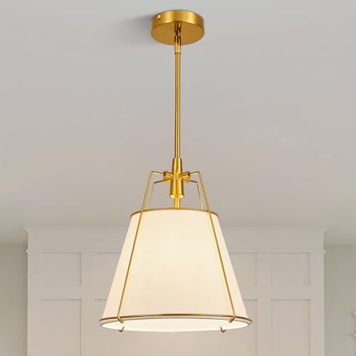 Modern Pendant Light Fixtures with 12" White Linen Fabric Shade