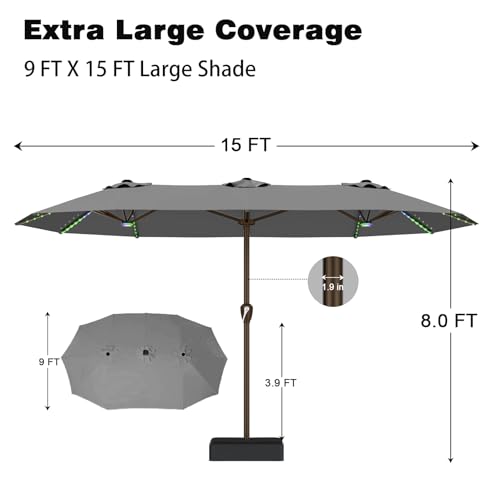 15FT Large Rectangular Patio Umbrella with Solar Lights