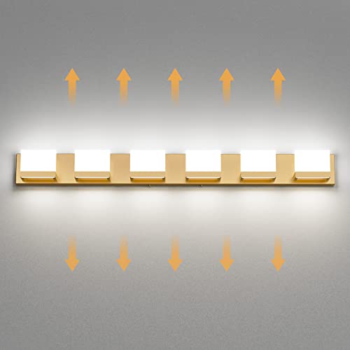 Gold Vanity Lights for Bathroom Modern LED 6 Lights Bathroom Vanity Lights Up and Down Wall Light Fixtures 6000K