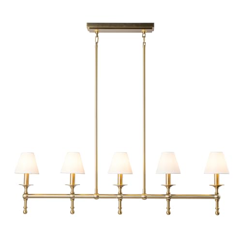 5 Light Brass Modern Linear Chandelier with Fabric Shade for Kitchen Island