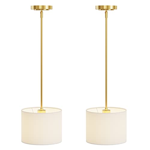 9" Dia White Linen Drum Shade Hanging Pendant Light Fixture with Polished Gold Pole Kit (2 Count)