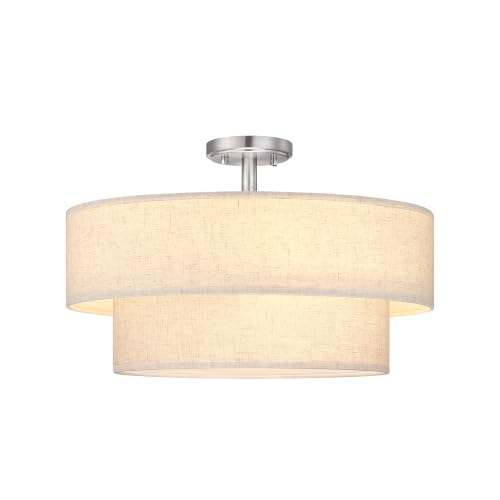2 Tier 20" Cream Drum Fabric 4 Light Brushed Nickel Semi Flush Mount Ceiling Light for Living Room Dining Room Bedroom Hallway
