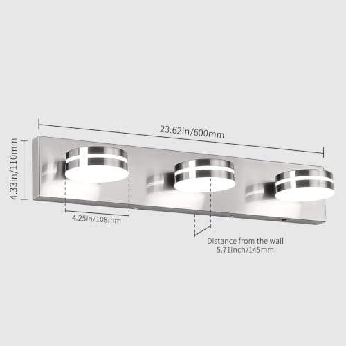 3 Light Bathroom Light Fixtures 23.62in Brushed Nickel Vanity Light