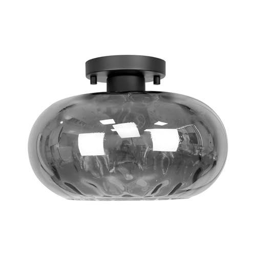 Matte Black Semi Flush Mount Ceiling Fixture 11" Hammered Glass Shade Modern Close to Ceiling Lighting 1