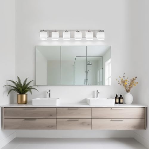 6 Light Brushed Nickel Bathroom Vanity Light with White Glass Shades