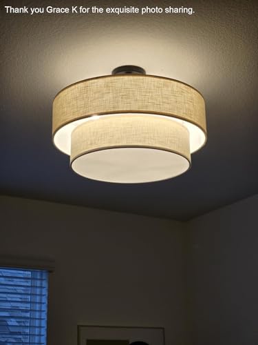 5 Light 24" Cream Fabric Brushed Nickel Semi Flush Mount Close to Ceiling Light Fixture