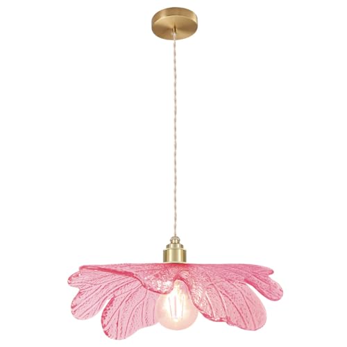 Art Decor Leaf Pendant Light Modern Hanging Ceiling Light Large Vintage Retro Pendant Lights 15.75" Pink Glass Shade for Kitchen Island Dining Room Entryway