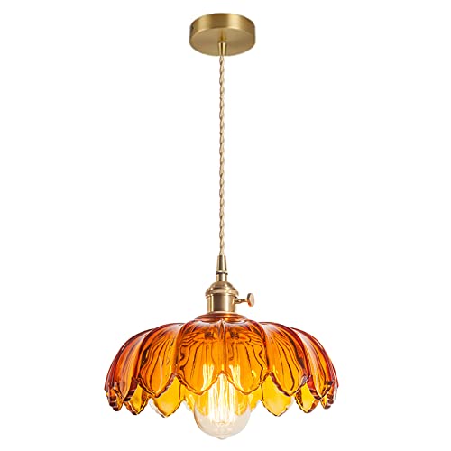 Amber Glass Pendant Light Fixtures Medium 9.8 Inches Lampshade Gold Brass Finish and Switch Vintage Pendant Ceiling Lamp Copper Pendant Lighting