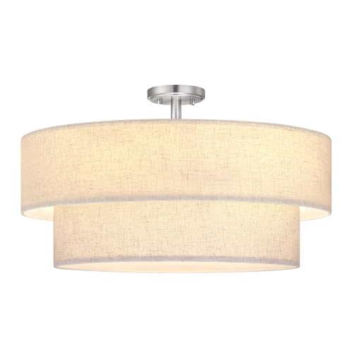 2 Tier 24" Cream Drum Fabric 5 Light Brushed Nickel Semi Flush Mount Ceiling Light for Living Room Dining Room Bedroom Hallway